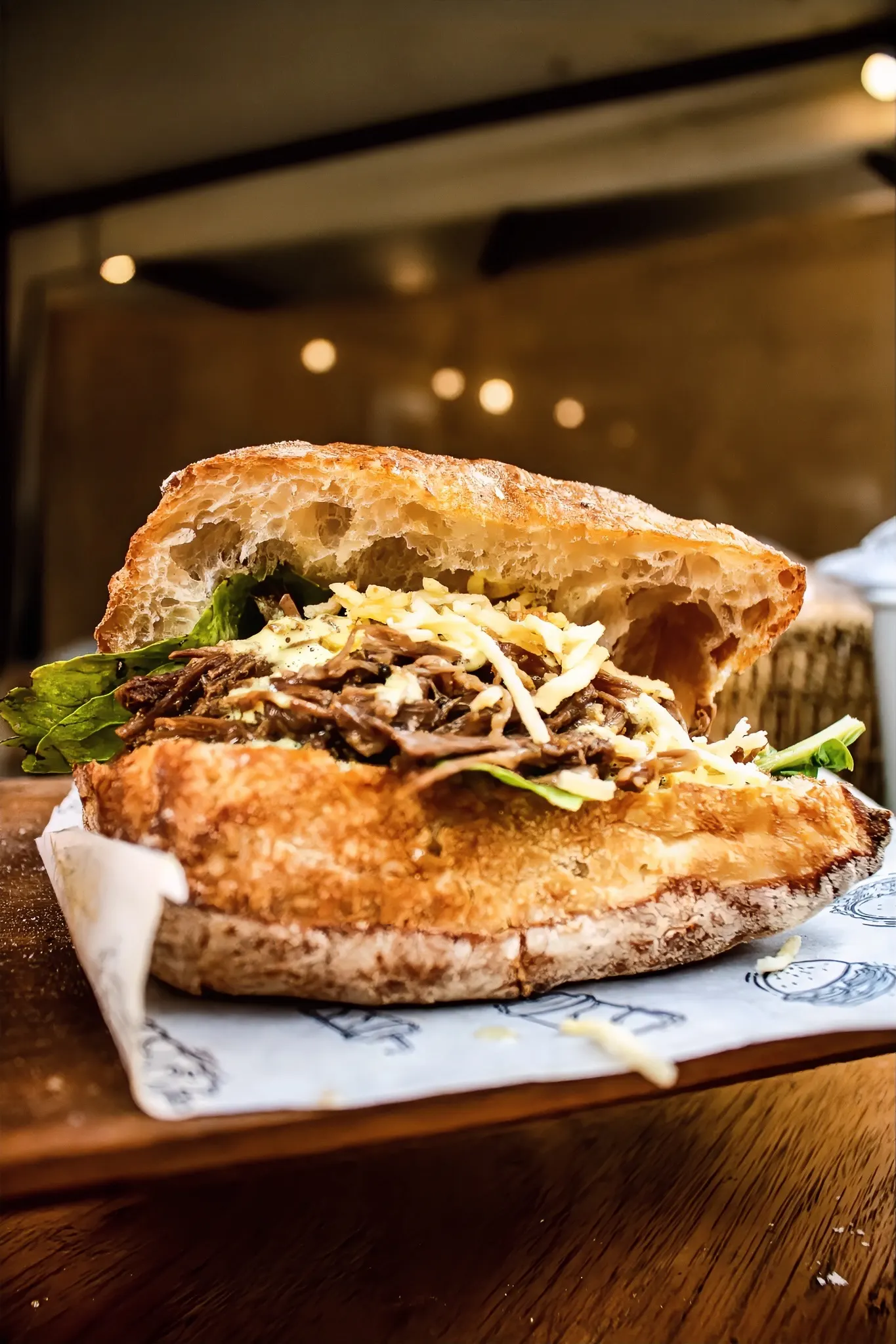 Sándwich de carne desmechada Cordazzo sobre tabla de madera